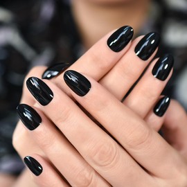 LINSSQ Glossy Black Press on Nails, Medium Length Oval False Nails, Beauty Solid Color Manicure Reusable UV Gel Fake Finger Nail Art for Daily Office Party