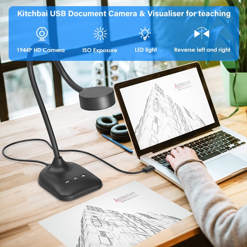 kitchbai Document Camera for Teachers, Webcam and Overhead Camera for