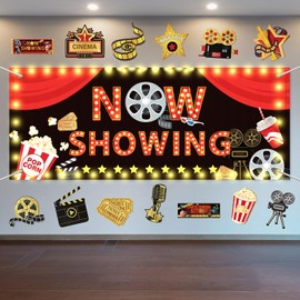 15 Pcs Light Movie Party Decorations Movie Theme Backdrop Movie Banner Now Showing Banner with Movie Night Paper Cutouts Red Carpet Photography Background for Home Film Party Supplies