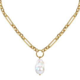 Figaro Link Chain Necklace for Women Solid 14K Gold Plated Flat Hollow Link Chain Necklace Dainty Baroque Pearl Pendant Necklace for Women Jewelry