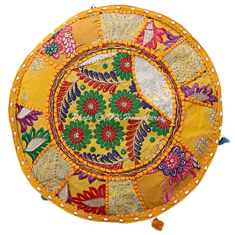 DK Homewares Indian Round Stool Patchwork Embroidered Cotton with Removable