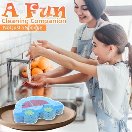 UNOGIFT Cute Compressed Wood Pulp Cotton Sponges Car-Shaped Reusable and Highly Absorbent for Dishwashing, Kitchen Surfaces, and Bathroom Cleaning,Car,1 Pcs
