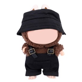 BOXOB 2pcs Doll Clothes Set, Cool Plush Outfit & Accessories for 15cm/17cm Dolls Includes Stylish Overalls & Bucket Hat Fashionable Toy Clothing for Display Play (Black)