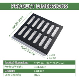 Cast Iron Drain Grate, 9 * 9in Heavy Duty Outdoor Drain Cover, B125 Class Channel Grate, Metal Sewer Grate, Black Square Drainage Grate for Concrete Floor, Yard, Driveway & Garage.