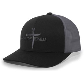 Christian Redeemed Cross Nails Mens Embroidered Mesh Back Trucker Hat, Black/Charcoal