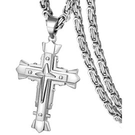 JUNOVUROS 20 to 28 Inches Rolo&Byzantine Chain 316L Stainless Steel Mens Cross Necklace with Large&Medium Sizes with Silver Gold Black
