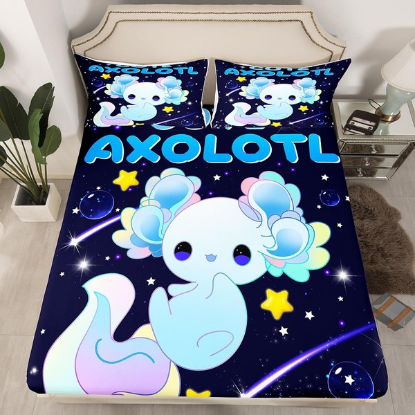 Homemissing Galaxy Axolotl Bed Sheet Set Cute Axolotl Bedding Set for Kids Cartoon Salamander Fitted Sheet Blue Axolotl Bed Cover Sealife Bed Set Single