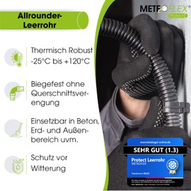 Meteoflex Protect Empty Pipe 750N M13 / M16 / M20 / M25 / M32 / M40 / M50 Made of HDPE - Corrugated Pipe for Soil, Underground Laying, Outdoor, Concrete - High Pressure and Impact Resistance (M20-5 m)