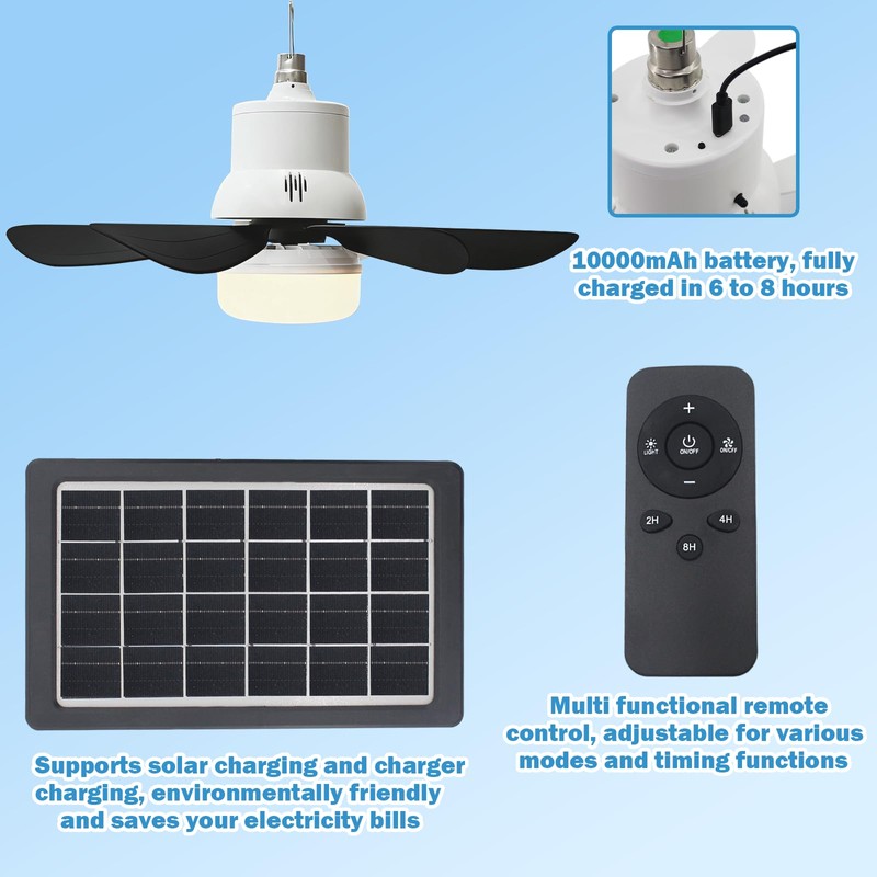 TUSAUW 17.3in Solar Ceiling Fan Light,Small Solar Powered Rechargeable Ceiling