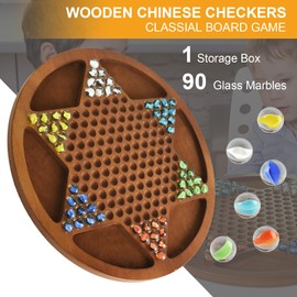 15.3-Inch Wooden Chinese Checkers Set - Round Design with 60 Glass Marbles in 6 Colors + 12 Bonus Marbles - Perfect for Kids and Adults