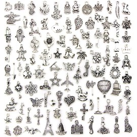 Set de 100 Piezas de Dijes Tibetanos Plateados, abalorios mixtos para bisutería fabricación de collares pulseras y artesanía