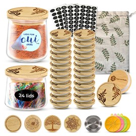 24 Oui Yogurt Jar Lids with Reusable Labels & a Storage Bag. Beautiful Olive Branches Design. Bamboo Wood with Food Grade Silicone Sealing Ring. Durable, Food-Safe, Air-tight for Regular & Petite Jars