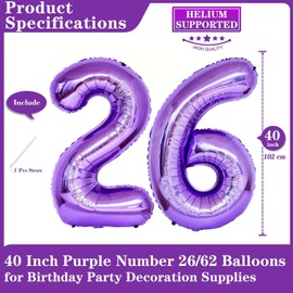 Purple 26 Number Balloons, 40 Inch Giant Number 26 Balloons Foil Mylar Helium Purple Number Balloons for 26th Birthday Party Supplies Anniversary Event Celebration Decorations