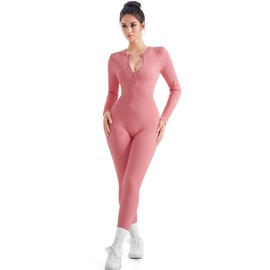 SUUKSESS Women Long Sleeve Ribbed Workout Jumpsuit Seamless One Piece V Neck Button Down Yoga Jumpsuits (Pink,L)