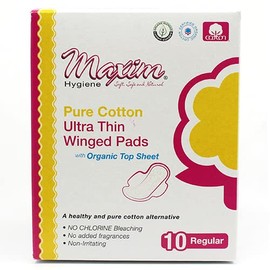 Maxim® Chlorine Free Pure Cotton Ultra Thin Winged Pads, Unscented, Reg/Daytime Absorbency, with Leak Control Channels, Feminine Care Sanitary Napkins, 30 Count, 3 Packs