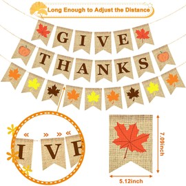 Thanksgiving Banner, SEPGLITTER 3 Pcs Give Thanks Burlap Banner Happy Fall Banner Autumn Harvest Maple Leaves Garland Thanksgiving Party Supplies Fireplace Mantle Decor