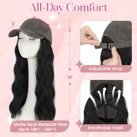 SEGO Pro Hat Wig, Baseball Cap with Hair Attached for Women, 18" Blackish Gray Hat Wig with Heat Resistant Synthetic Hair Extensions, for Daily Wear, Busy Mornings- Wavy, Jet Black