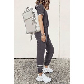 PRETTYGARDEN Women's Two Piece Lounge Sets 2025 Spring Summer Jogger Pants Vacation Outfits Travel Airplane Matching Clothes (Stripes Grey,Large)