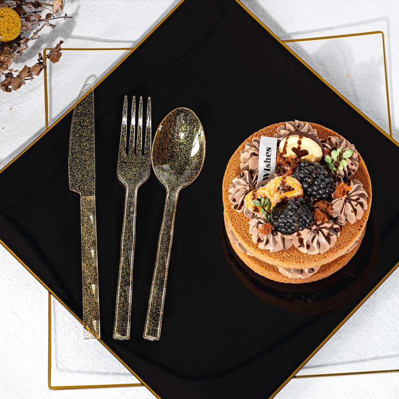 Lullaby 300Pc Heavy Duty Gold Plastic Silverware, Gold Glitter Utensil