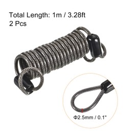 PATIKIL Security Steel Cable 2.5mm x 1m/3.28ft Coated Spring Luggage Lock Wire Rope with Double Loop Black 2 Pack