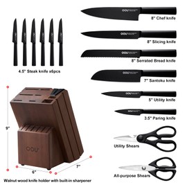 OOU Kitchen Knife Block Set - 15 Pieces High Carbon Stainless Steel Chef Knife Sets, Anti-Rust Black Knives Set with Built-in Sharpener Block, Walnut