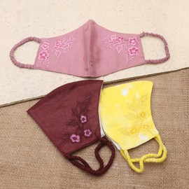 NOVICA Artisan Handmade Embroidered Cotton Face Masks 3 Colorful Floral Embroidery Contoured Accessories Assorted Triple Layer Ear Loop Solidembroidered Indonesia ' Cheerful Floral Trio' Set of 3