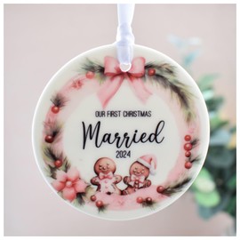 Our First Christmas Married 2024 Hanging Decoration. Cute Gingerbread Couple. Blush Pink, White Ceramic Ornament Newlywed Couple. Mr & Mr, Mrs & Mrs. Xmas Tree Keepsake Bauble
