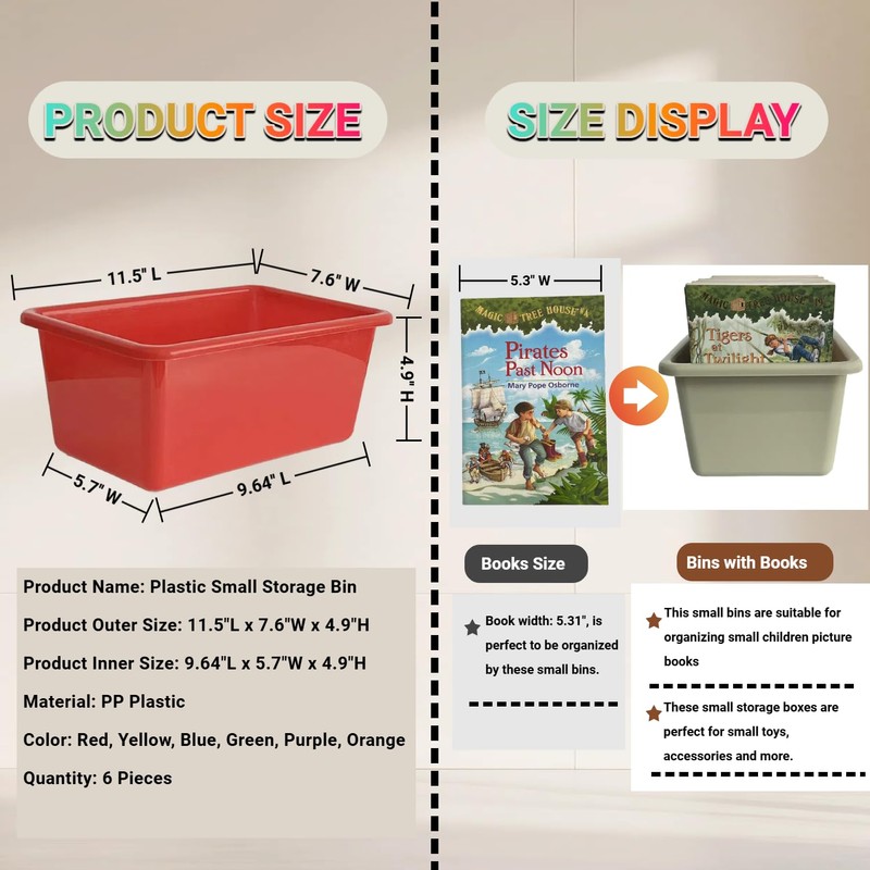 RAUVOLFIA 6 Pack Small Cubby Bin Storage Bins, Multi-Purpose Plastic