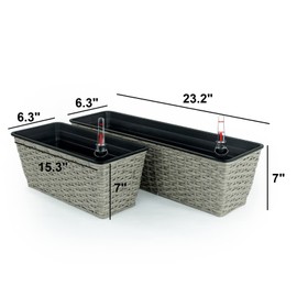 espidoo 2-Pack Self-Watering Wicker Planters: Rustic Gray Rectangle Pots - Hand Woven Rattan & Plastic for Indoor/Outdoor - Eco-Friendly Home Garden Decor with Water Level Indicator