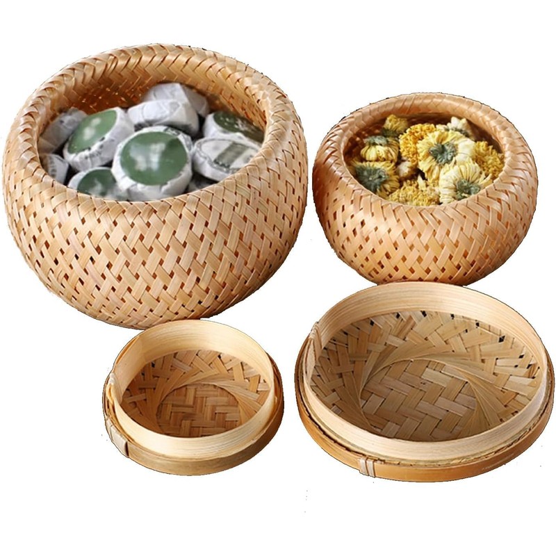 Roundsky Set of 2 Small Decorative Bamboo Baskets with Lid