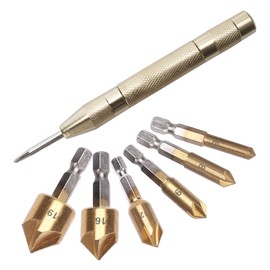 YIXISI 7 Pieces Countersink Drill Bits with Matic Centre, Hex Shank HSS 5 Flute Countersink with Titanium Coated, 6/8/9/12/16/19 mm, 90 Degree Chamfer Cutter Deburring Countersink Drill Tool for Wood