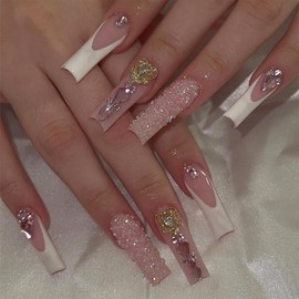 MISUD Press on Nails Long Square Fake Nails Glossy Glue on Nails White French Tip Acrylic Nails Squoval Artificial Nails Rhinestone Stick on False Nails with Bling Glitter Design 24 pcs