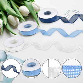 Mupera Gift Wrap Burlap Ribbon - 1 Inch Navy & Light Blue & White Burlap Ribbons, Applies to Gift Wrapping Decoration, Tree Outdoor Decoration, 3 Rolls 15 Yard Ribbon