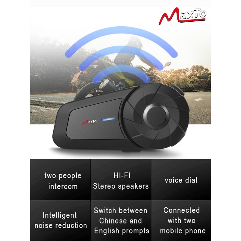 MAXTO Auriculares Bluetooth para Motocicleta, MX1 2-Riders 800 M, Sistema