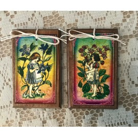 Handmade **NEW** 5 Handcrafted Wooden EASTER GIRLS WITH FLOWERS Ornaments, Hang Tags SETv