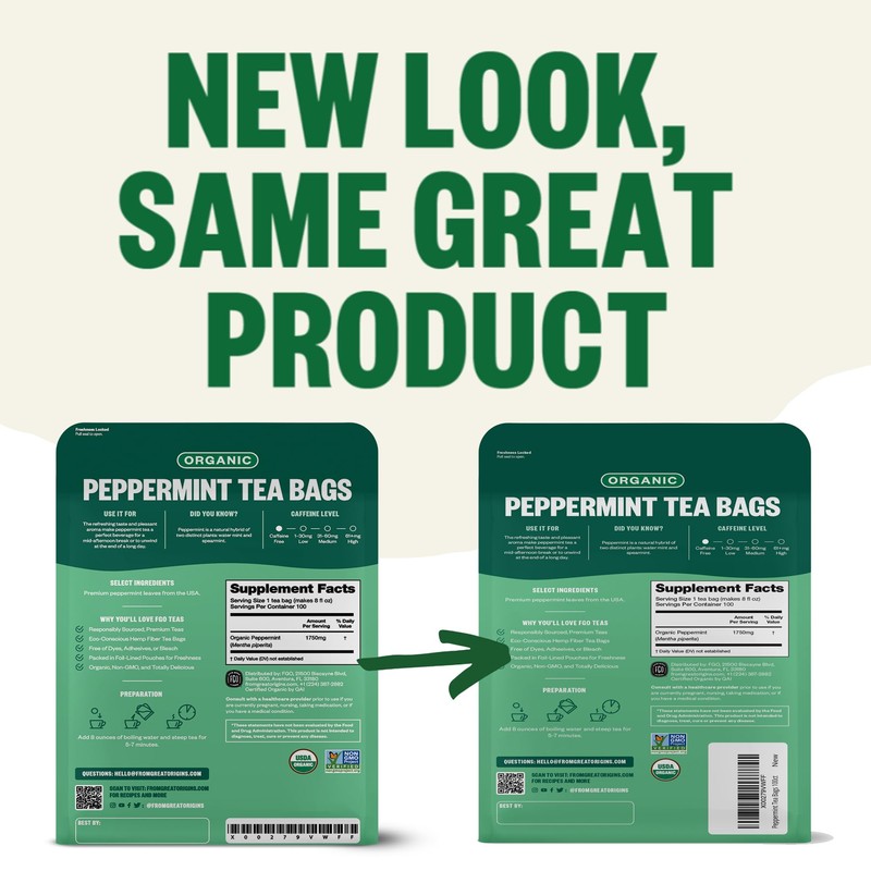 FGO Organic Peppermint Tea, 100 Count, Eco-Conscious Tea Bags, Caffeine