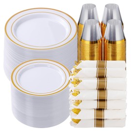 Goodluck 700 Piece Gold Plastic Dinnerware Set for 100 Guests, Disposable Plates for Party, Include: 100 Dinner Plates, 100 Dessert Plates, 100 Pre Rolled Napkins with Silverware, 100 Cups