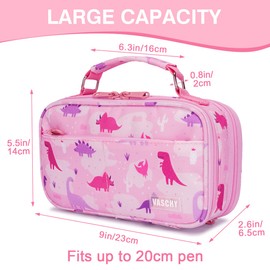 VASCHY Pencil Case, Large Pencil Pouch with Multi-compartments for School, Work, Office Portable Pencil Cases for Kids, Girls and Boys with Top Handle Zippered Stationary Organiser, Pink Dinos