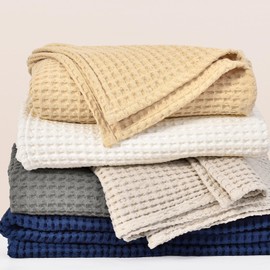 PHF 480GSM 100% Washed Cotton Waffle Weave Blanket, Cozy Breathable Skin-Friendly Throw King Size for All Season, Luxury Fall Layer Bedspread for Couch Bed, Elegant Home Decor,Navy Blue, 104"x90"