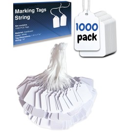 Easytwelve - 1000 Pcs White Price Tags with String Attached, Hang Tags for Product, Labeling 1.75 x 1.093 inch