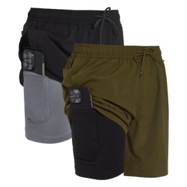 Dreamwave Mens 2 Pack Swim Trunks with Compression Liner Anti Chafing 7 inch Inseam Stretch Quick Dry Swim Shorts with Phone Pocket, Black/Green, X-Large