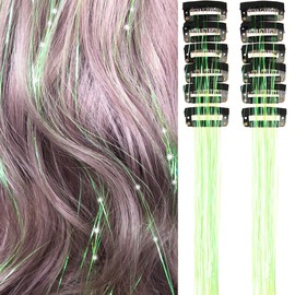 Light Grass Green Clip in Hair Tinsel Extensions Pack of 12 Pcs 24 Inch Glitter Heat Resistant Party Dazzle Fairy Hair Accessories Strands Kit(Light Grass Green, 24Inch 12Pcs)