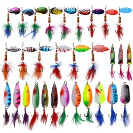 30pcs Metal Fishing Lures Spinnerbait Kit Trout Spoon Lure Colorful Casting Roostertail Spinner Baits Minnow Crankbait with Treble Hooks for Trout Bass Salmon Walleye