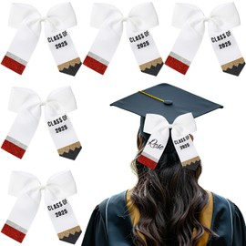 Solsew 6 Pcs 2025 Graduation Bows White Pencil Grad Cap Bows with Pin for Hair Clothes Cap Decoration Graduation Party Celebration Gift Supplies
