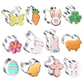 Reallnaive 12 Pcs Easter Cookie Cutters 12 Shapes Cookie Cutters for Easter Rabbit Egg Cross Shamrock Butterfly Flower Sheep Carrot Shape Cookie Cutter