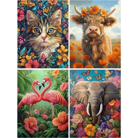 4 Pack 5D Diamond Art Kits for Adults-Premium Canvas Without Creases-Easy Diamond Painting Kits for Adults-Flamingos, Elephants, Cows, Cats. Cookie,Themes for DIY Craft and Home Decor.A004
