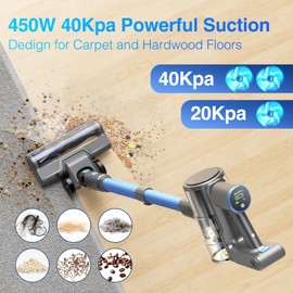 Zefiro Cordless Vacuum Cleaner for Home,450W /40Kpa 50Mins Stick Vacuum,Anti-Tangle 1.5L Dust Cup, Rechargeable Wireless Handheld Vacuum for Pet Hair/Carpet/Floor,