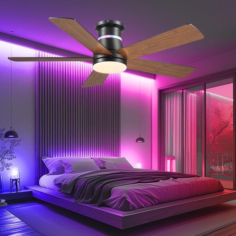 Ceiling Fans with RGB Lights -48” Brown Flush Mount Ceiling