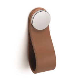 Gedotec Furniture knob made of solid metal and leather, 1 piece door knob for cupboards, polished chrome, beige, including mounting material, FLEXA 0404, LA: 128 mm, knobs for kitchen cupboards,