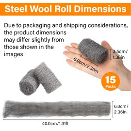 Bulk Steel Wool Roll Kit, Steel Wool 0000 15pcs, Gap Blocker, 0000 Steel Wool Keep Mice Away from Holes/Siding/Pipeline/Vents in Garden, House, 15 Pack × 1.6FT